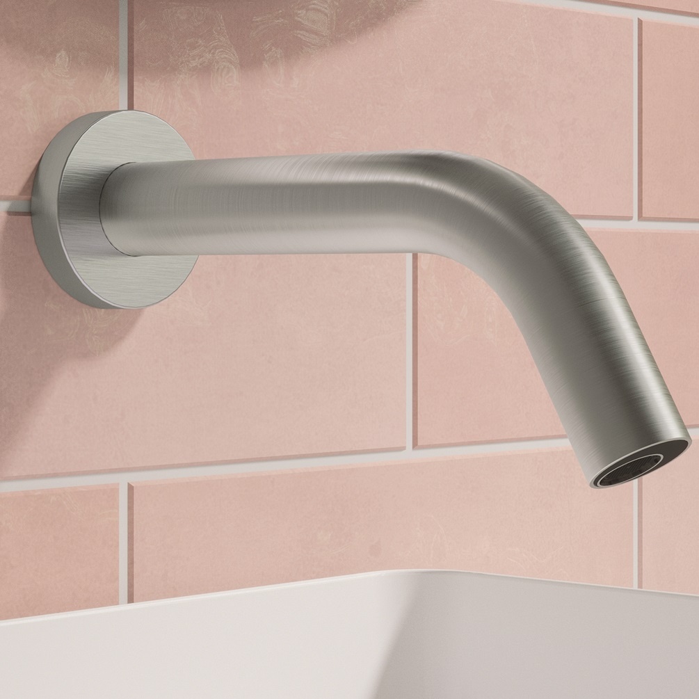Product lifestyle image close up of Crosswater MPRO Sensor Brushed Stainless Steel 208mm Wall Mounted Basin Spout PROX0160WV_220